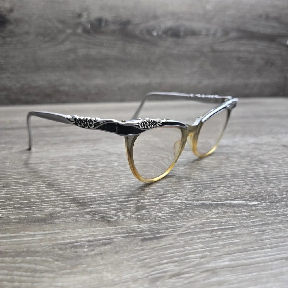Vintage American Optical Cat Eye Eyeglasses Frame Only Silver Floral Black 5 1/2